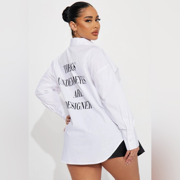 •The Bags Under My Eyes Are Designer• White Button Down Poplin Blouse - Picture 2 of 3